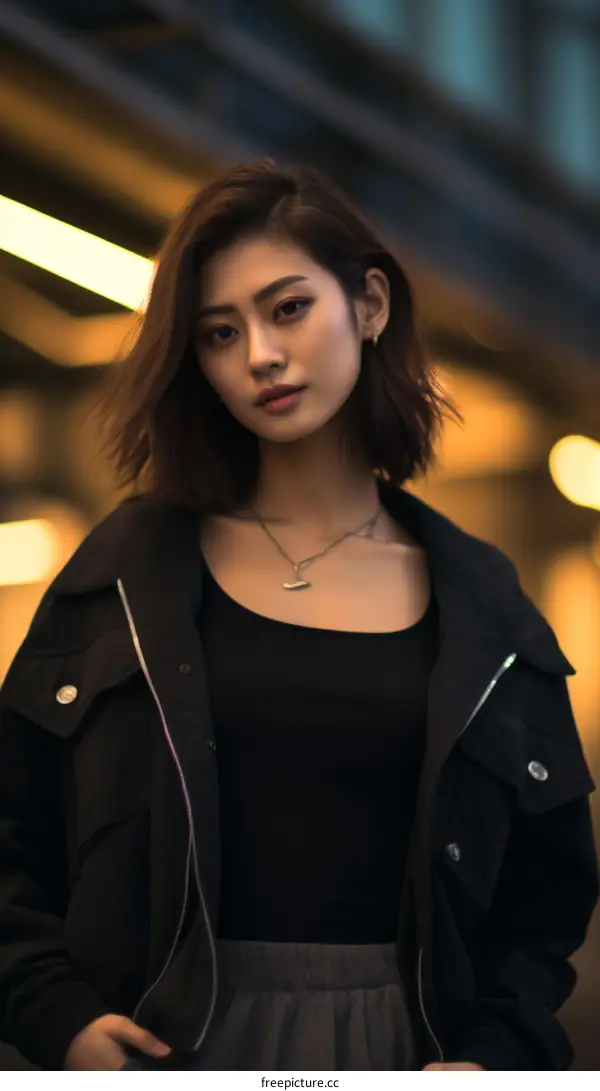 Portrait of a young Asian woman in a black jacket