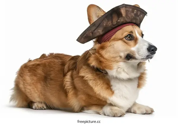 A cute corgi dog wearing a pirate hat