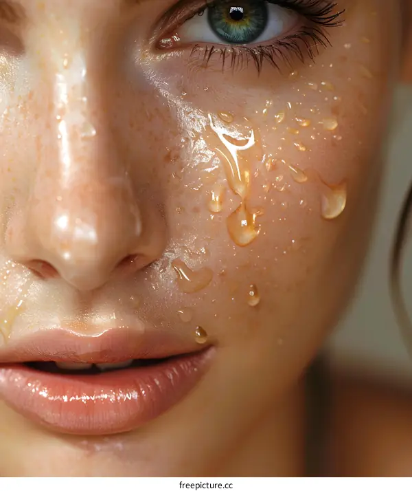 Close-up portrait of a young woman with water drops on her face