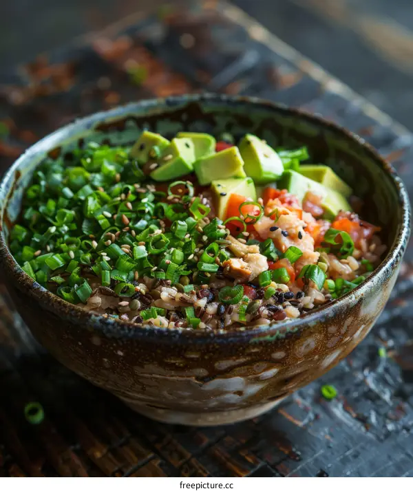 Salmon avocado rice bowl with vegetables and sesame seeds