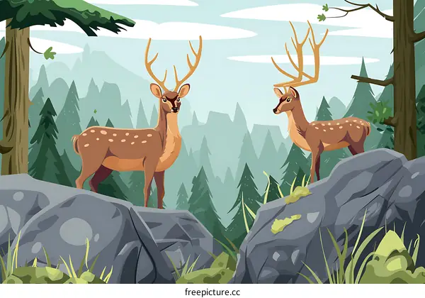 Two Deer Standing on Rocks in a Forest