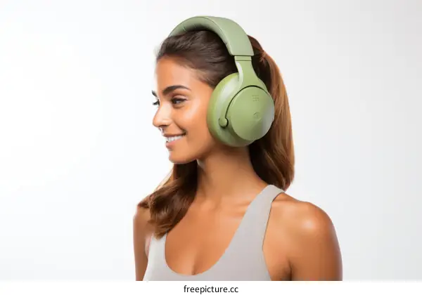 Smiling woman wearing sage green headphones