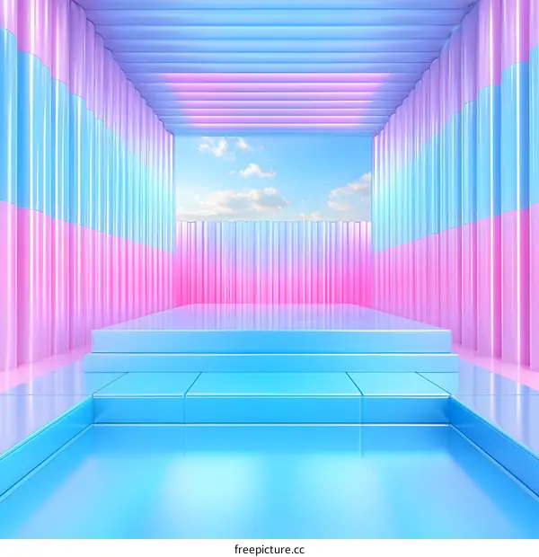 Abstract Minimalist Blue And Pink Room With Stage