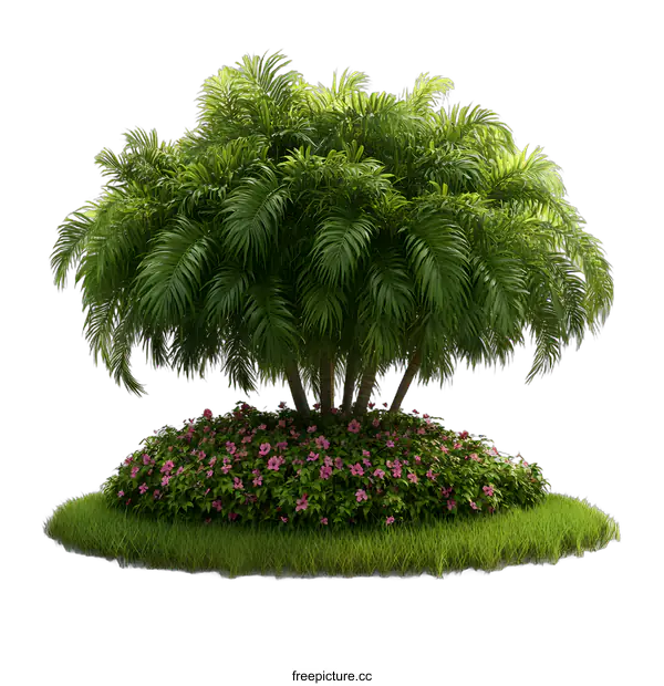 [Transparent Background PNG]Green Tropical Palm Tree on Grassy Island