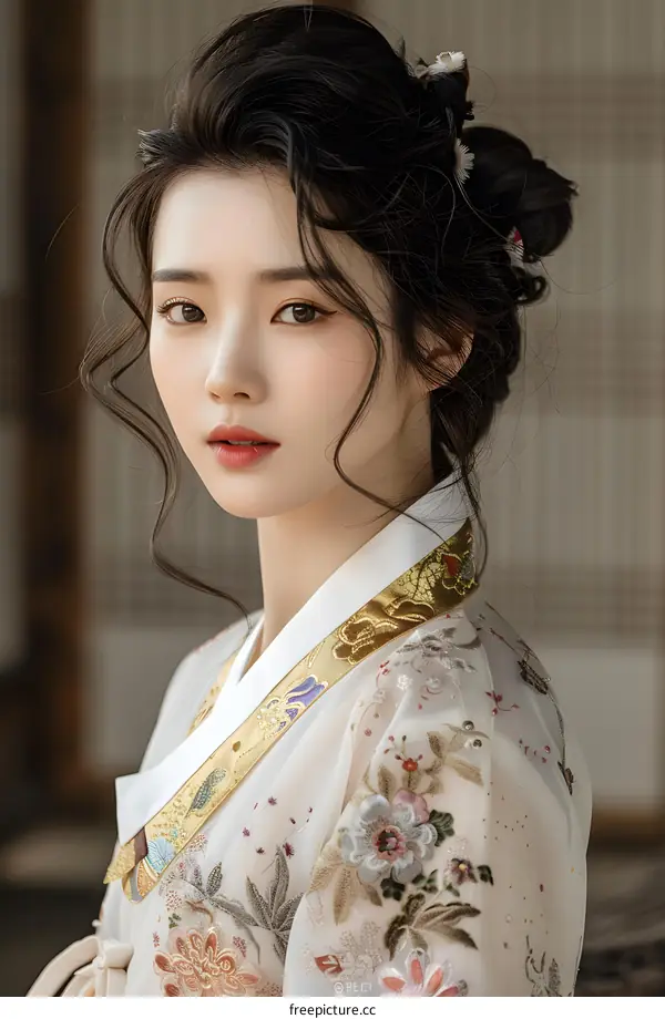Portrait of a beautiful young woman in traditional Korean dress, or Hanbok