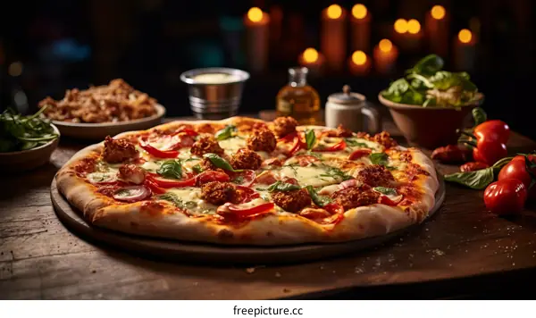 Delicious pizza with various toppings on a wooden table