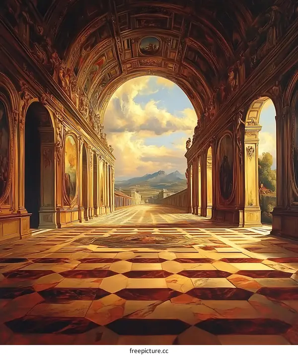 Architectural Hallway with View of Mountains and Clouds