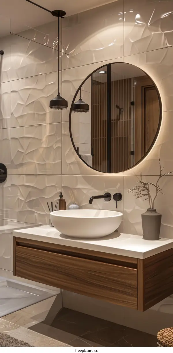 Modern Bathroom Vanity with Round Sink and Mirror