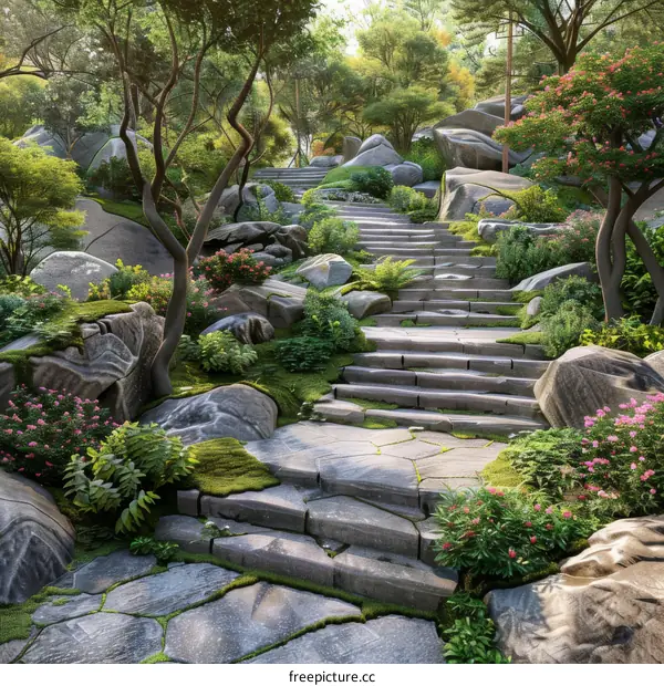 Mystical Stone Steps Leading into a Tranquil Forest