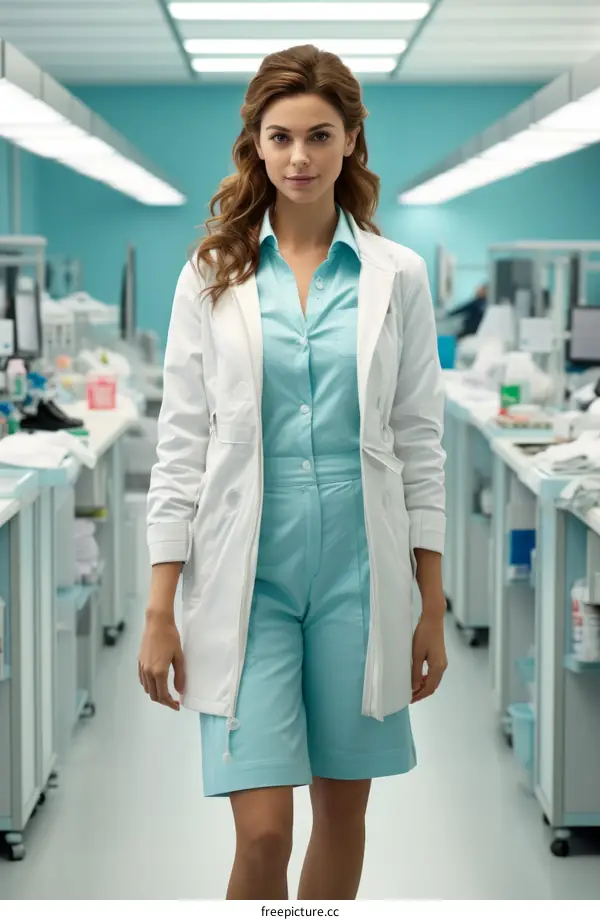 Female Scientist in White Coat and Blue Jumpsuit in Laboratory