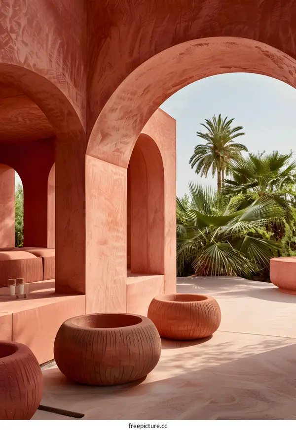 Modern Architectural Design with Arches and Red Walls in a Desert Setting