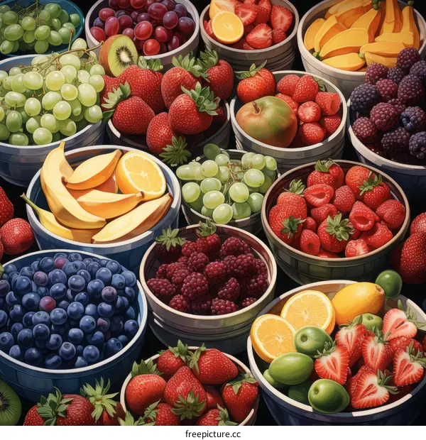 An illustration of colorful fruits in bowls