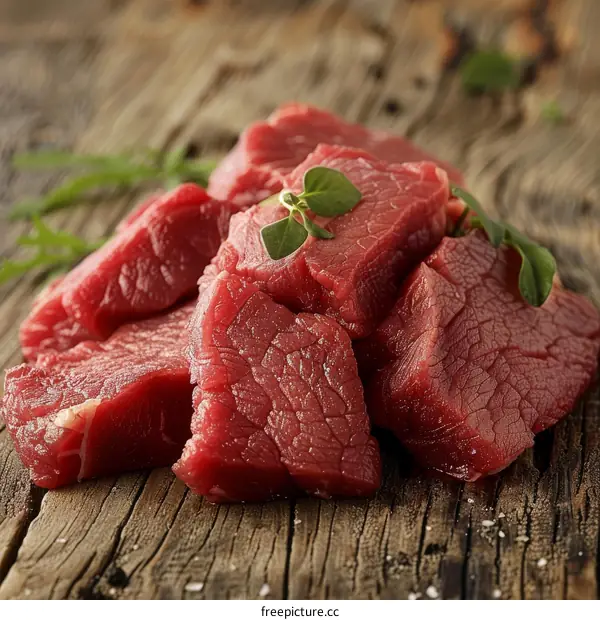 Freshly Cut Beef Steak Chunks on a Rustic Cutting Board