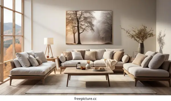 Modern Living Room with Large Windows and Comfortable Sofa