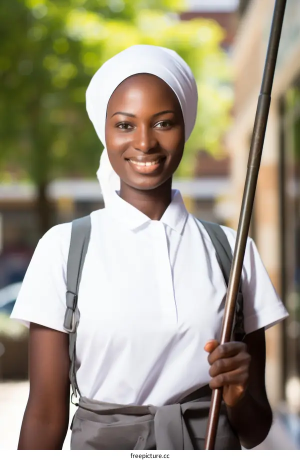 A young African woman in a white headscarf and white shirt smiles while holding a broom.