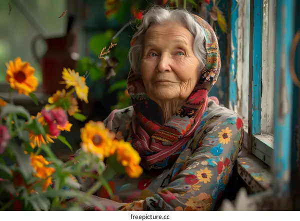 portrait of an old woman with a headscarf