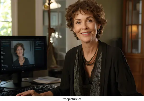 Smiling Senior Woman Working at Home Office Using a Computer