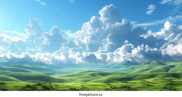 Rolling Hills of Lush Green Dotted with Clouds in a Vast Blue Sky