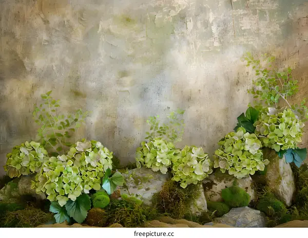 Green Hydrangea Flowers  With Rocks And Moss On A Vintage Background