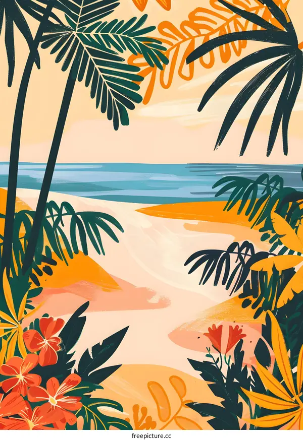 Tropical Beach Illustration with Palm Trees and Flowers