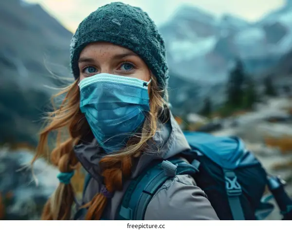 Young woman wearing a mask hiking in the mountains
