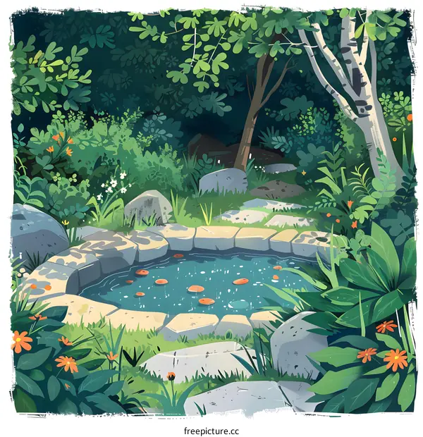 An illustration of a pond in a forest