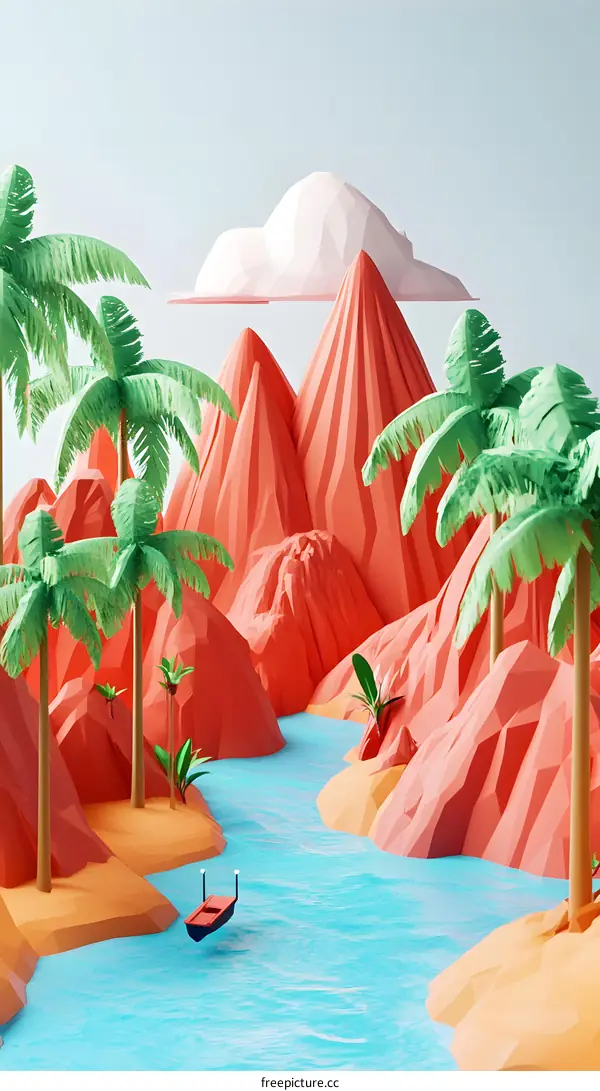 Low Poly Mountains and Palm Trees With a Boat in a River