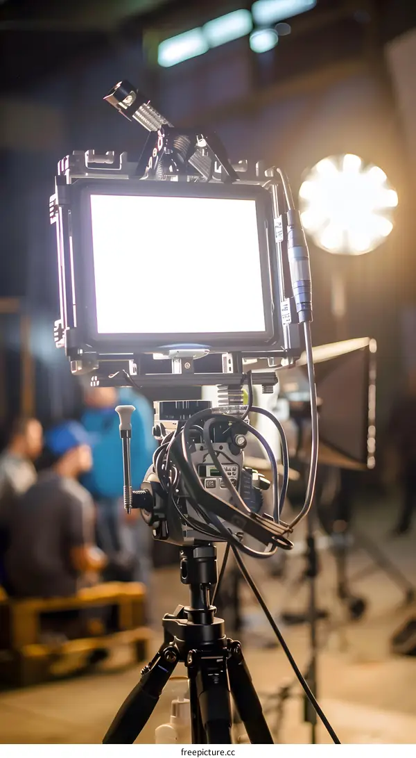 Closeup of Professional Video Camera on Tripod on Film Set