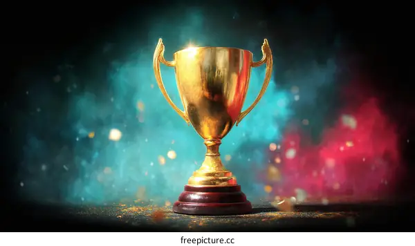 Golden Trophy on Dark Background with Colorful Smoke