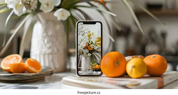 Flowers and Oranges on a Phone Screen in a Home