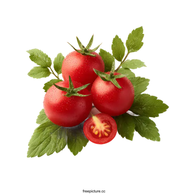 [Transparent Background PNG]Freshly Picked Tomatoes with Green Leaves