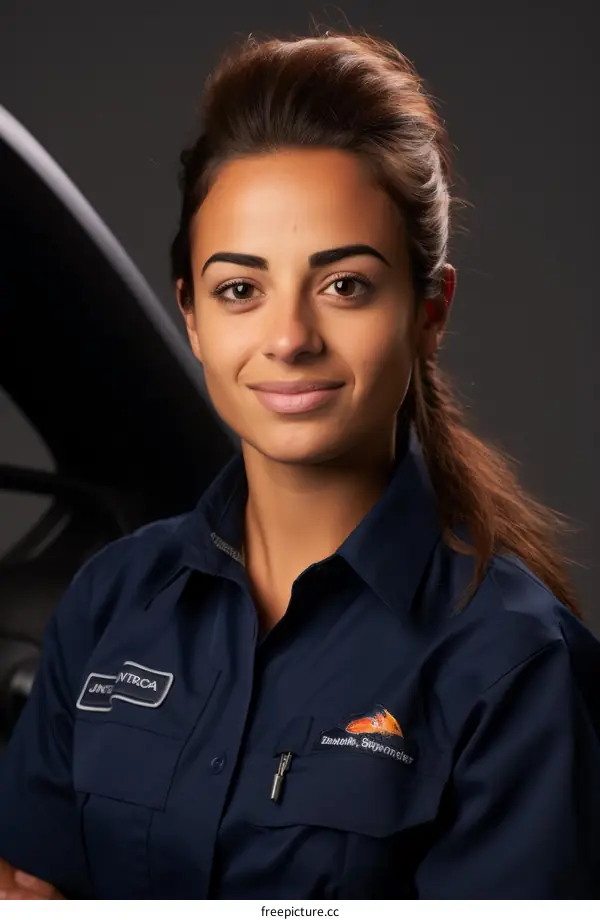 Portrait of a confident young female mechanic smiling in front of an airplane engine