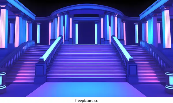 Neon Blue and Pink Lighting Staircase in an Ancient Building