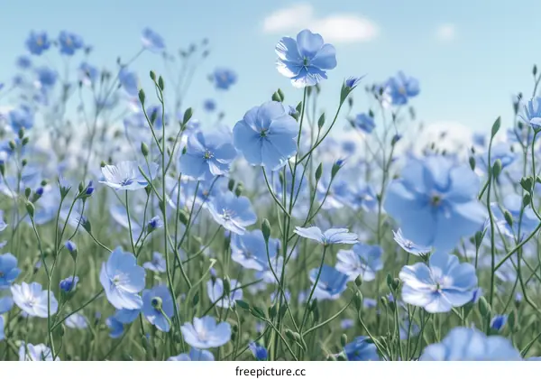 Field of blue flax flowers under a blue sky