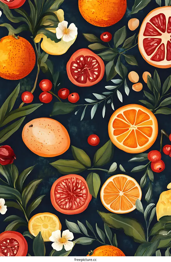 Watercolor Illustration of Citrus Fruits with Leaves and Flowers