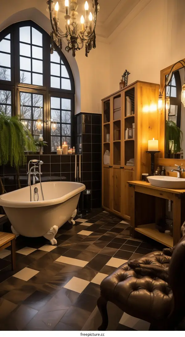 European-style Bathroom with Panoramic Window, Freestanding Bathtub, and Elegant Wood Cabinetry