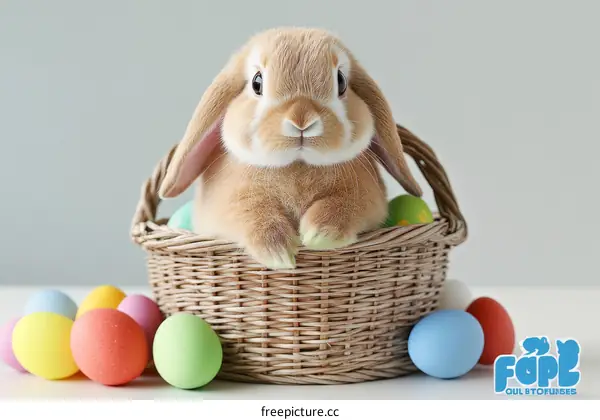 Adorable Easter Bunny in Basket with Eggs