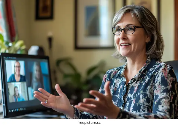 Woman in floral shirt on video call with coworkers