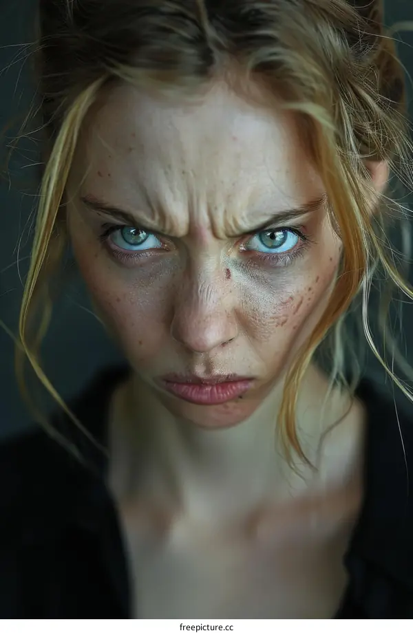 Close-up Portrait of a Caucasian Woman with Angry Expression