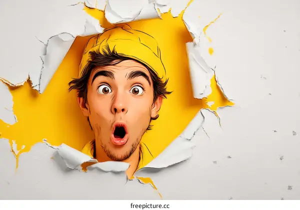Surprised Young Man in Yellow Cap through Ripped Hole