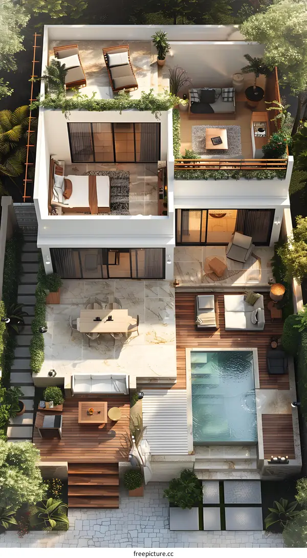 俯瞰带游泳池的现代别墅