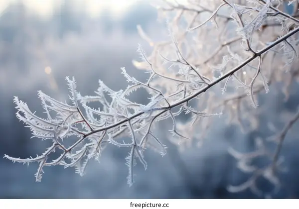 Close-up of a branch covered in frost and snow