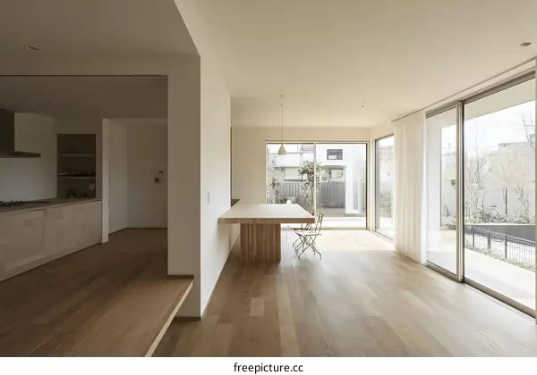 Modern Minimalist Open Plan Kitchen and Living Room with Wooden Flooring