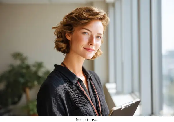Confident Caucasian Woman Holding Clipboard