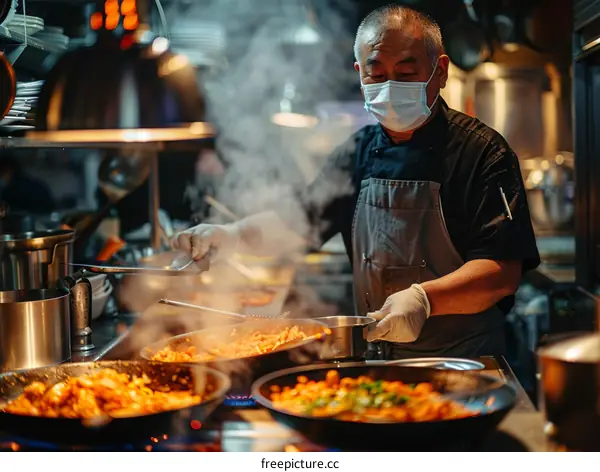 Asian chef wearing a mask cooking in a restaurant kitchen
