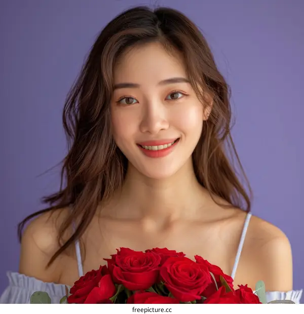 Portrait of a young Asian woman smiling and holding a bouquet of red roses