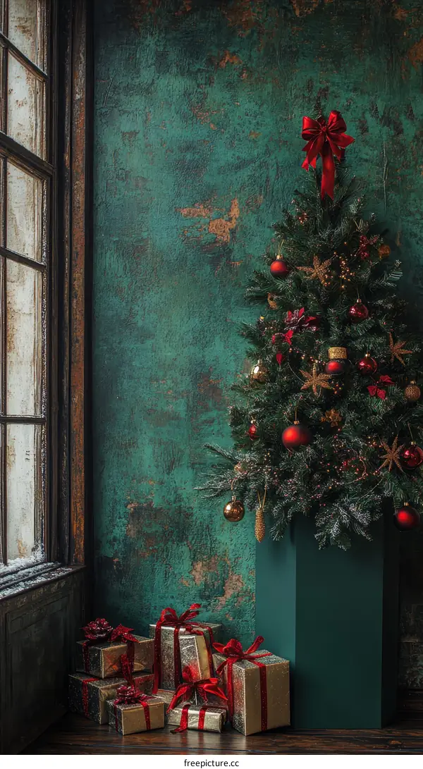 Christmas Decor with Teal Wall and Gifts