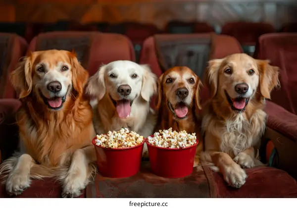 Four Golden Retrievers Sitting in a Row in a Movie Theater