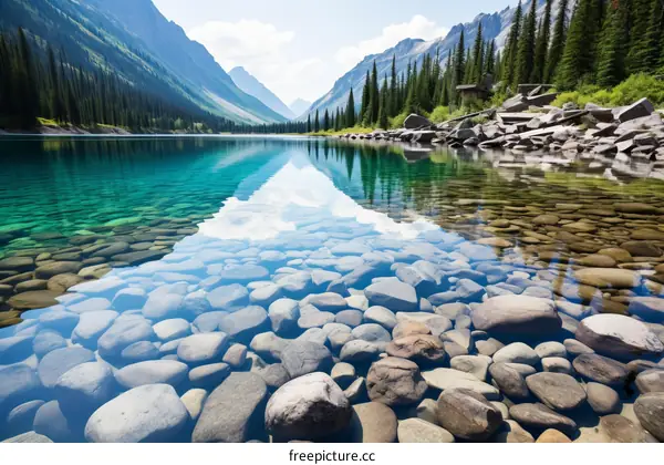 The crystal clear water of a mountain lake reflects the sky above