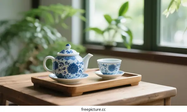 Blue and White Porcelain Teapot and Cup Set on Wooden Tray